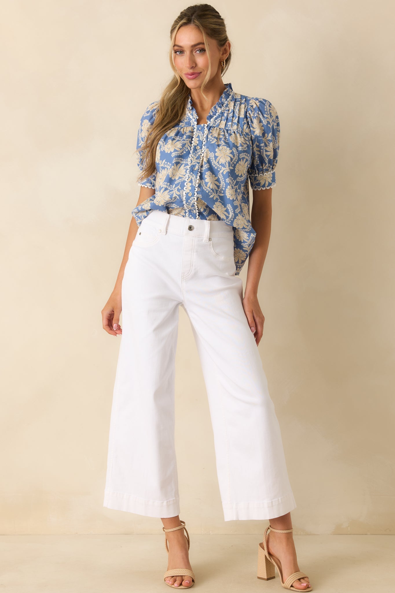 Prosperina Gretchen Dusty Blue & Ivory Cotton Floral Blouse