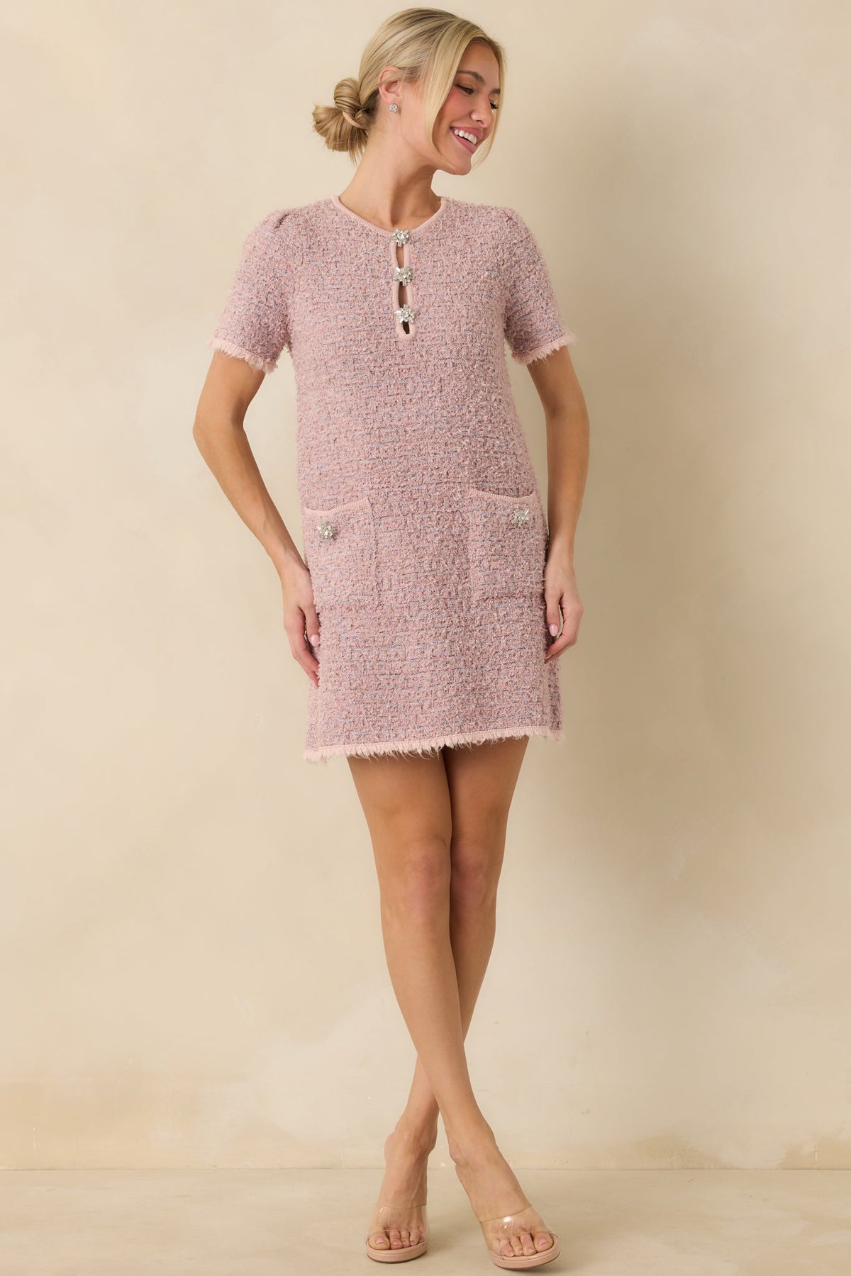 Soft Kisses Dusty Pink Short Sleeve Tweed Mini Dress