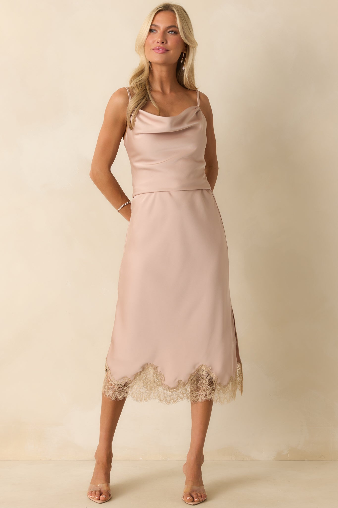 Let's Go Already Dusty Pink Satin Cowl Neck Sleeveless Top