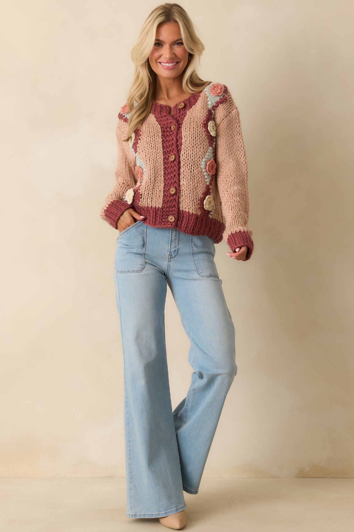 Right Where I Want To Be Dusty Rose Pink Floral Knit Cardigan