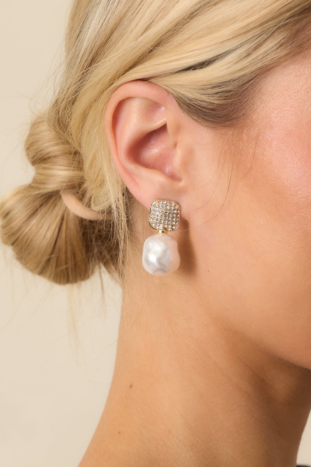 Take It From There Gold Rhinestone Ivory Pearl Drop Earrings