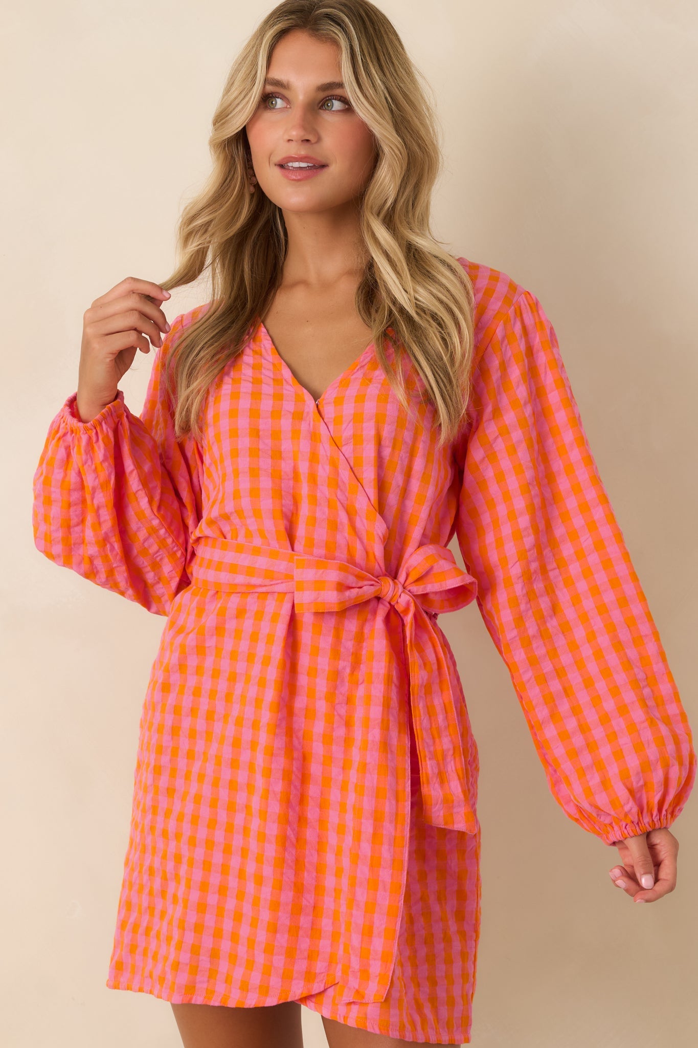 Sunset Check-In Pink & Orange Plaid Cotton Wrap Mini Dress