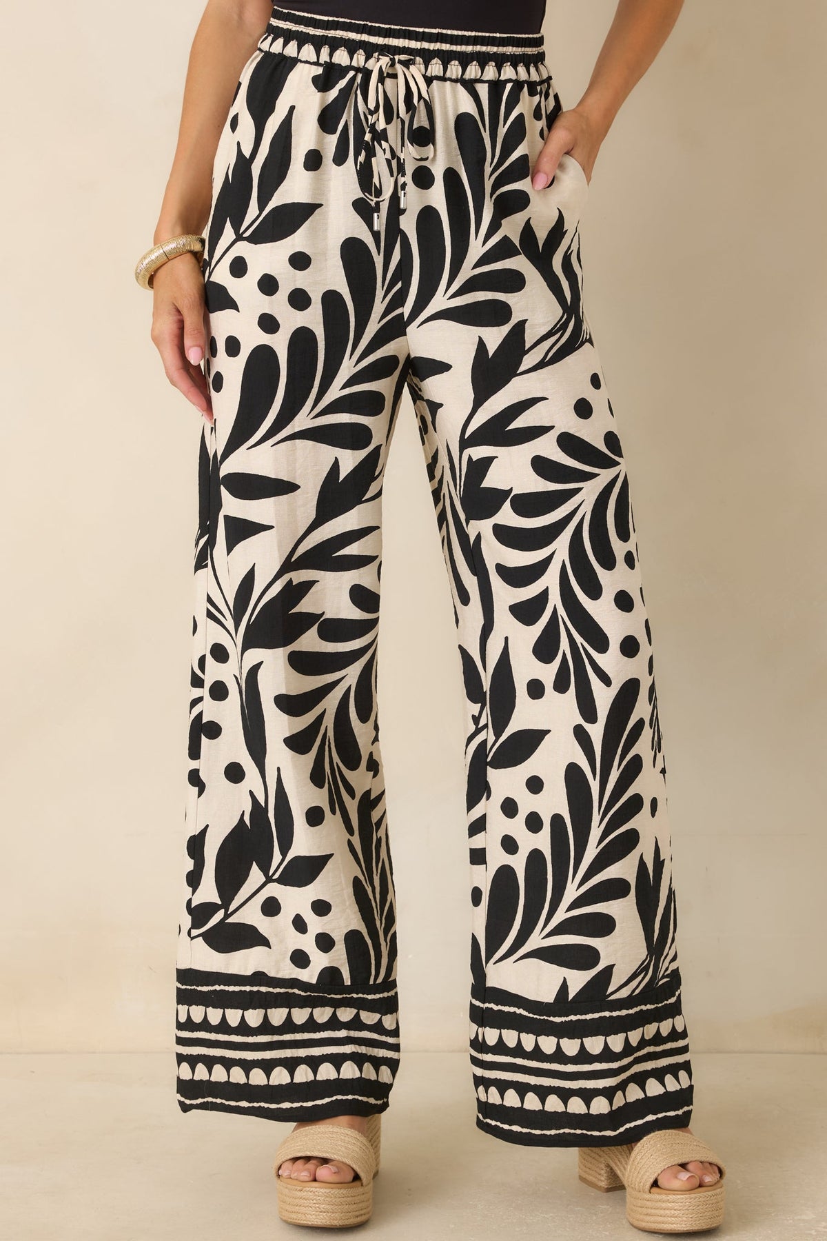 Palma Nights Black & Natural Botanical Print Wide Leg Pants