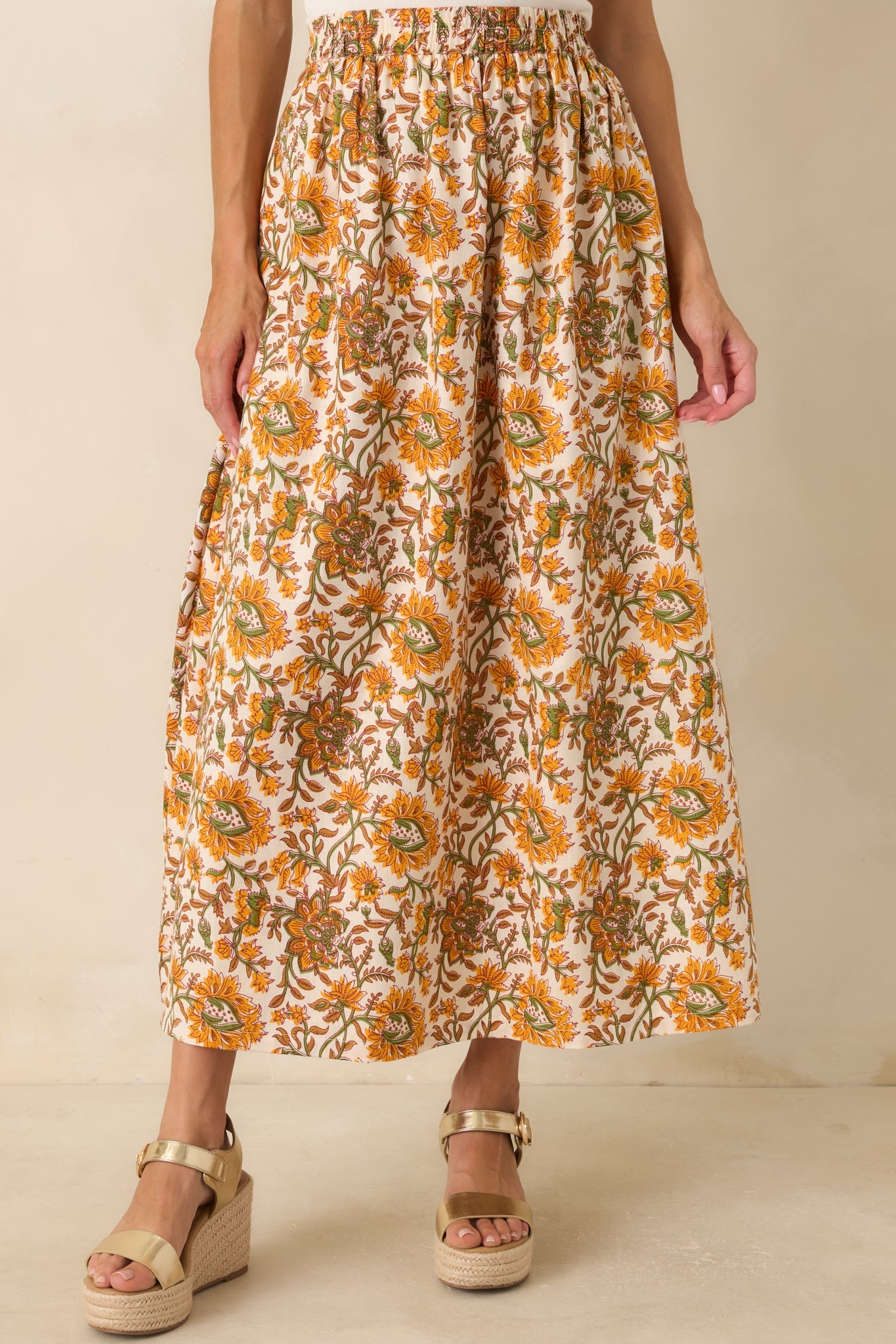Easy to Love Marigold & Olive Green Floral Cotton Maxi Skirt