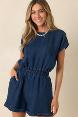 At My Level Indigo Denim Short Sleeve Cutout Romper