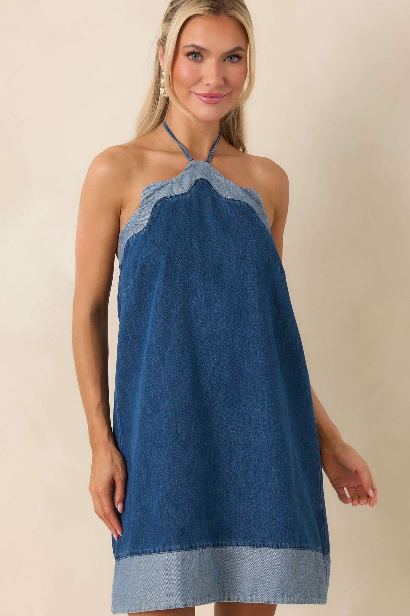 Off the Edge Light Indigo Cotton Denim Halter Mini Dress