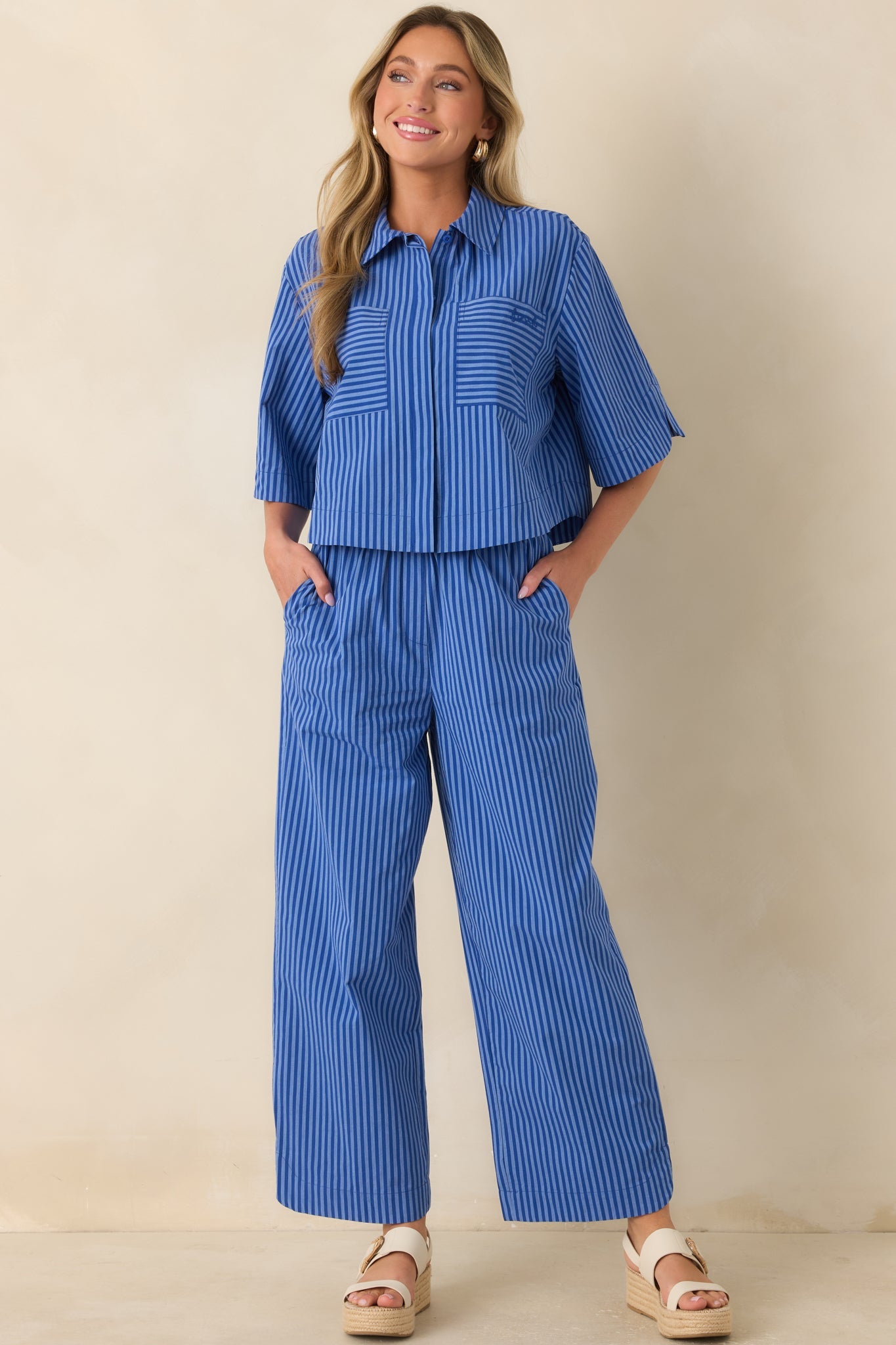 FRNCH Annunziata Electric Blue Cotton Stripe Pants