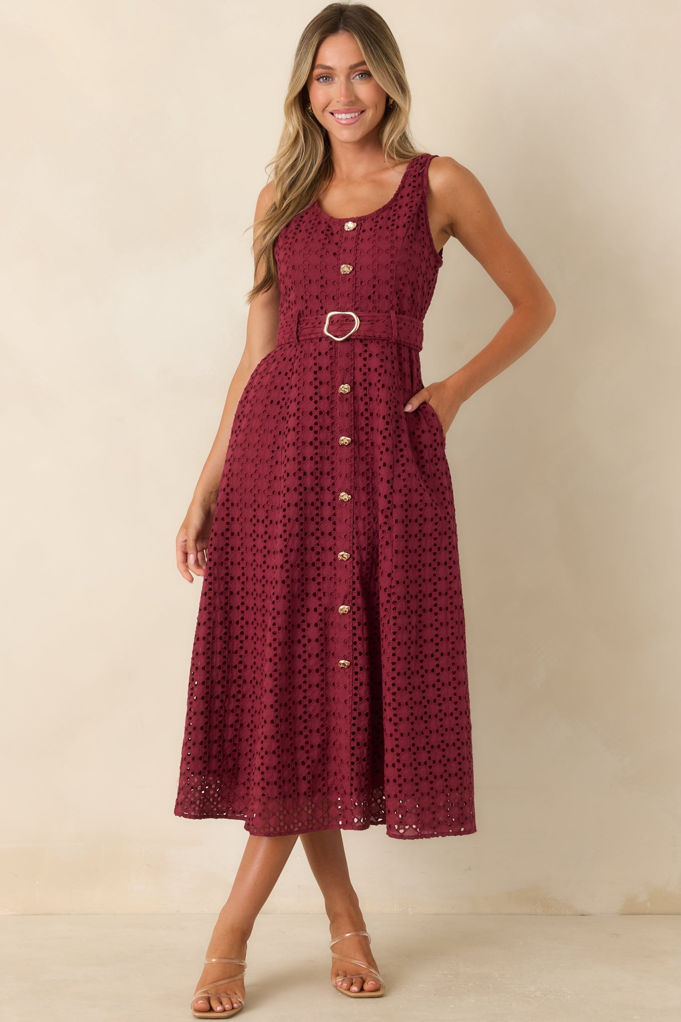 Garden Society Burgundy Cotton Eyelet Sleeveless Midi Dress