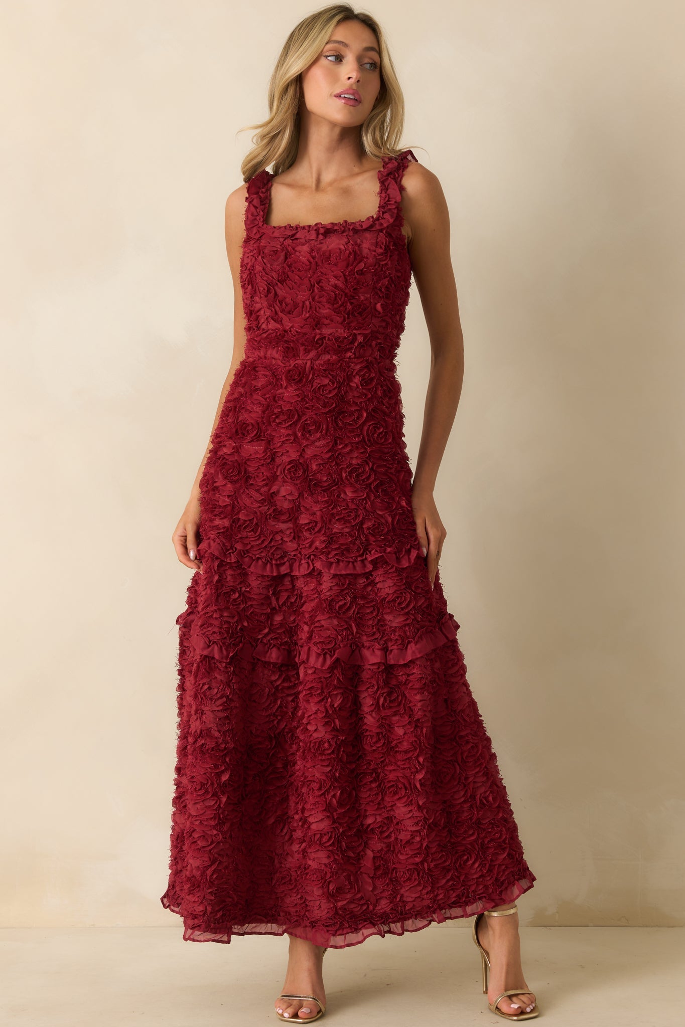 Something Good Wine Red Floral Applique Maxi Dress