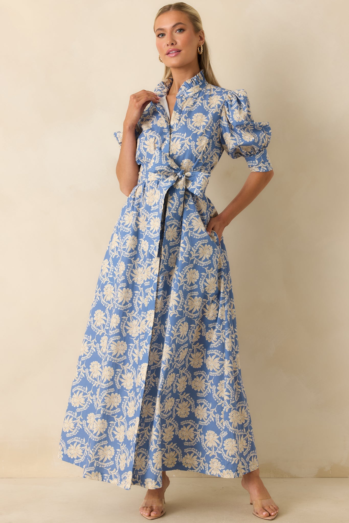Prosperina Marianne Dusty Blue Floral Cotton Maxi Dress