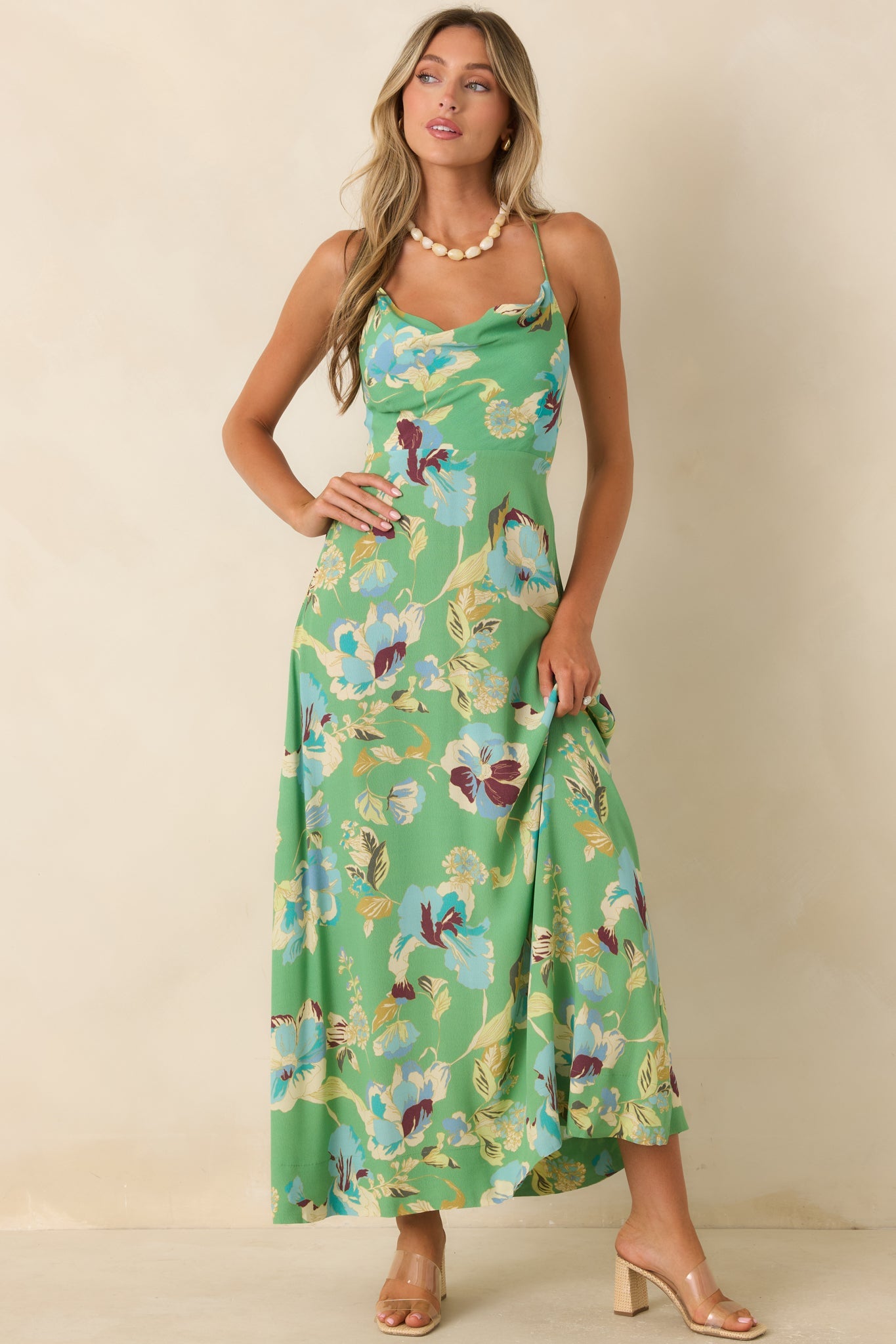 MINKPINK Cyprus Green Floral Back Detail Maxi Dress