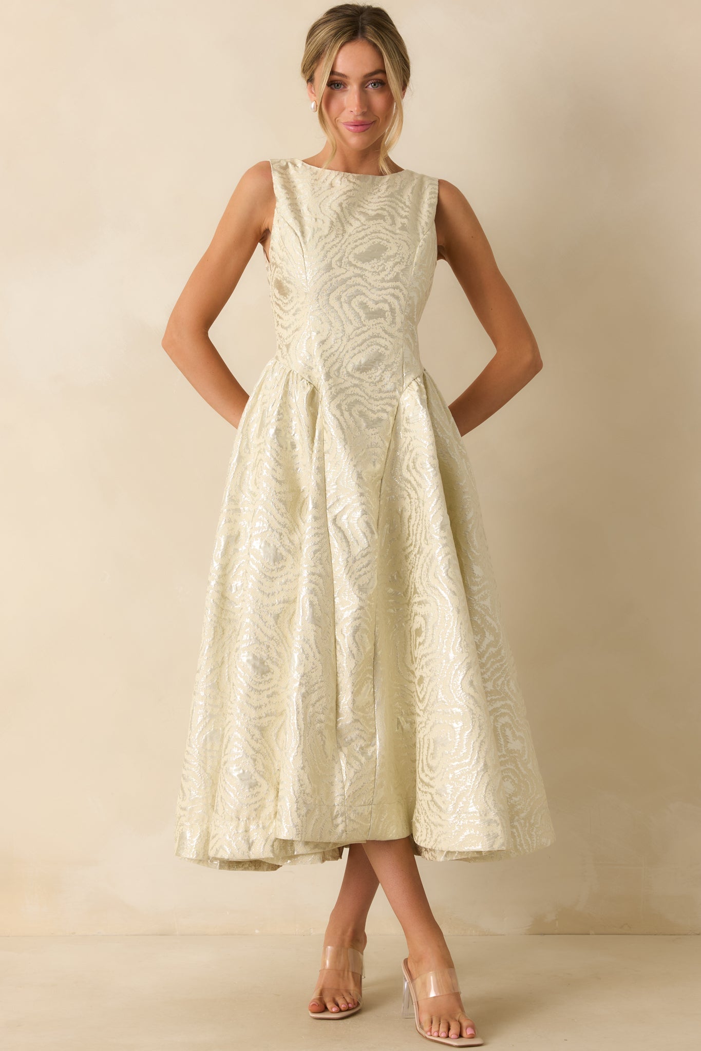 Written in Light Ivory Metallic Jacquard Sleeveless Maxi Dress