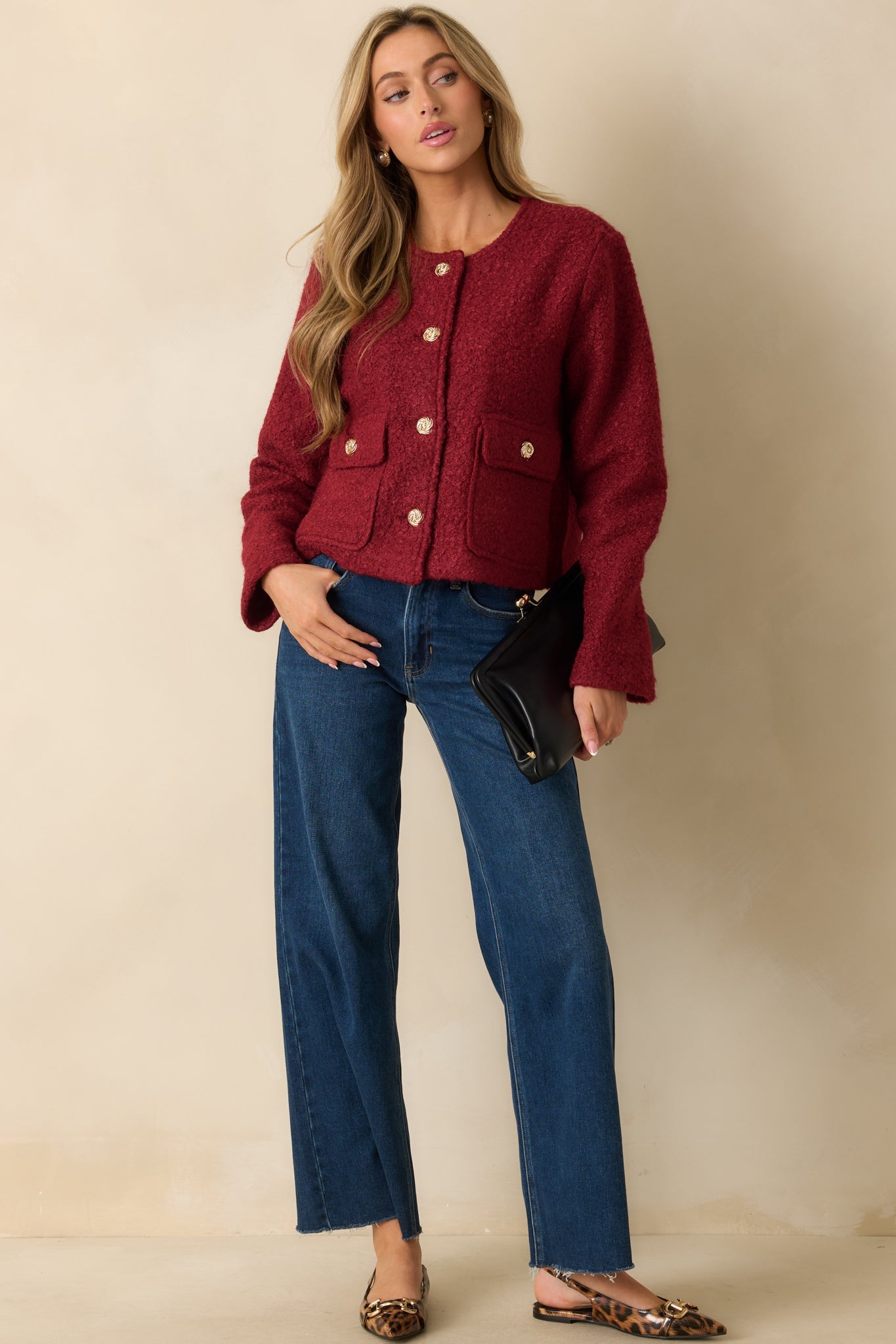 Whispered Warmth Cherry Red Bouclé Button Front Jacket