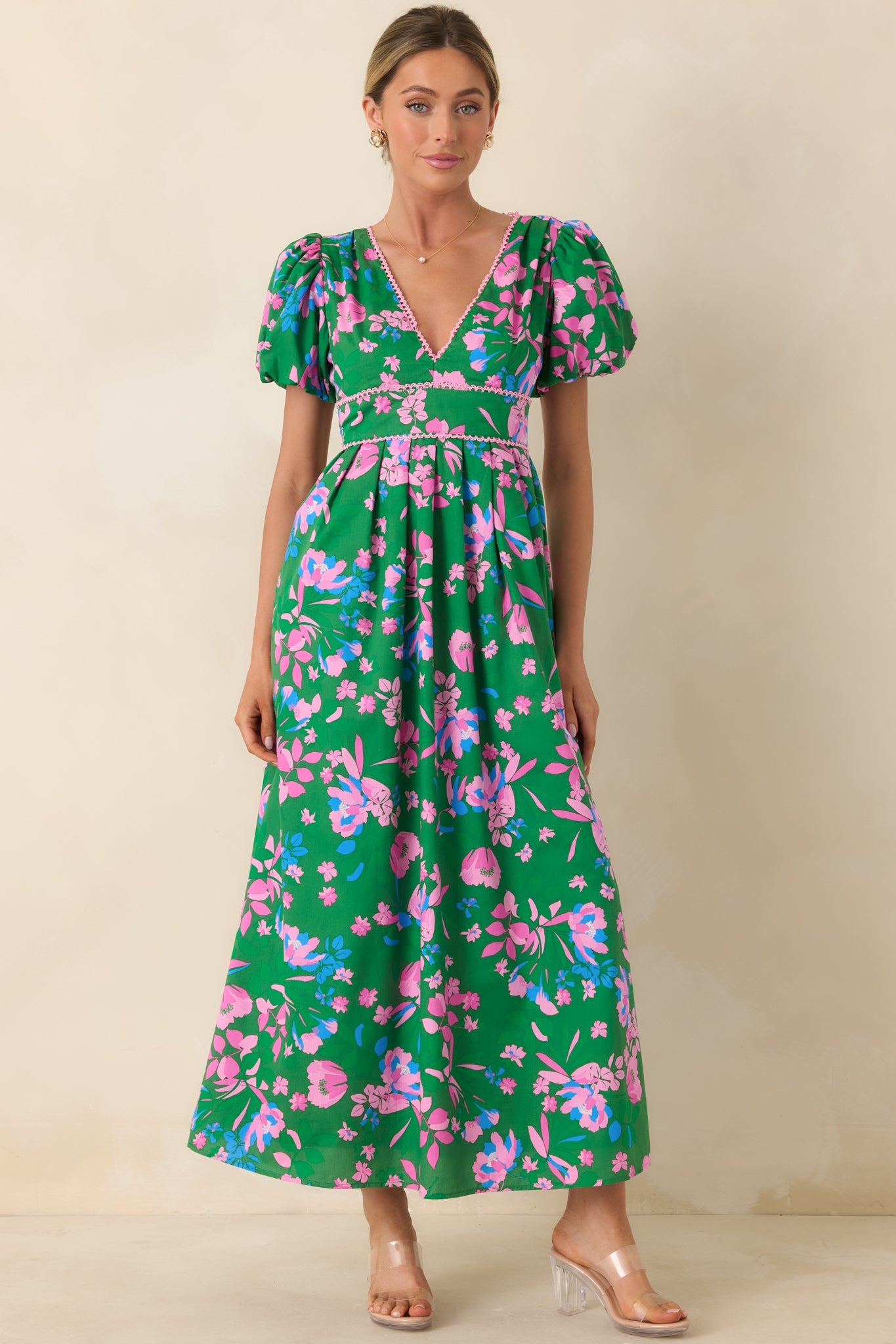 What a Dream Green Multi Floral Cotton Open Back Maxi Dress