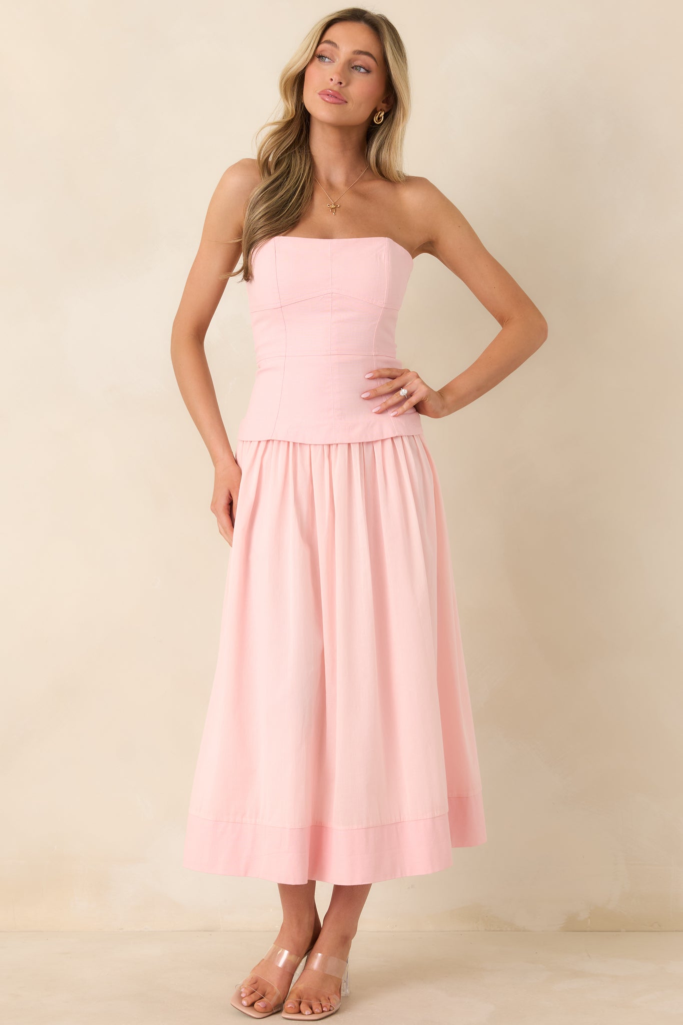 You Already Know Pink Cotton Bustier Bodice Strapless Midi Dress