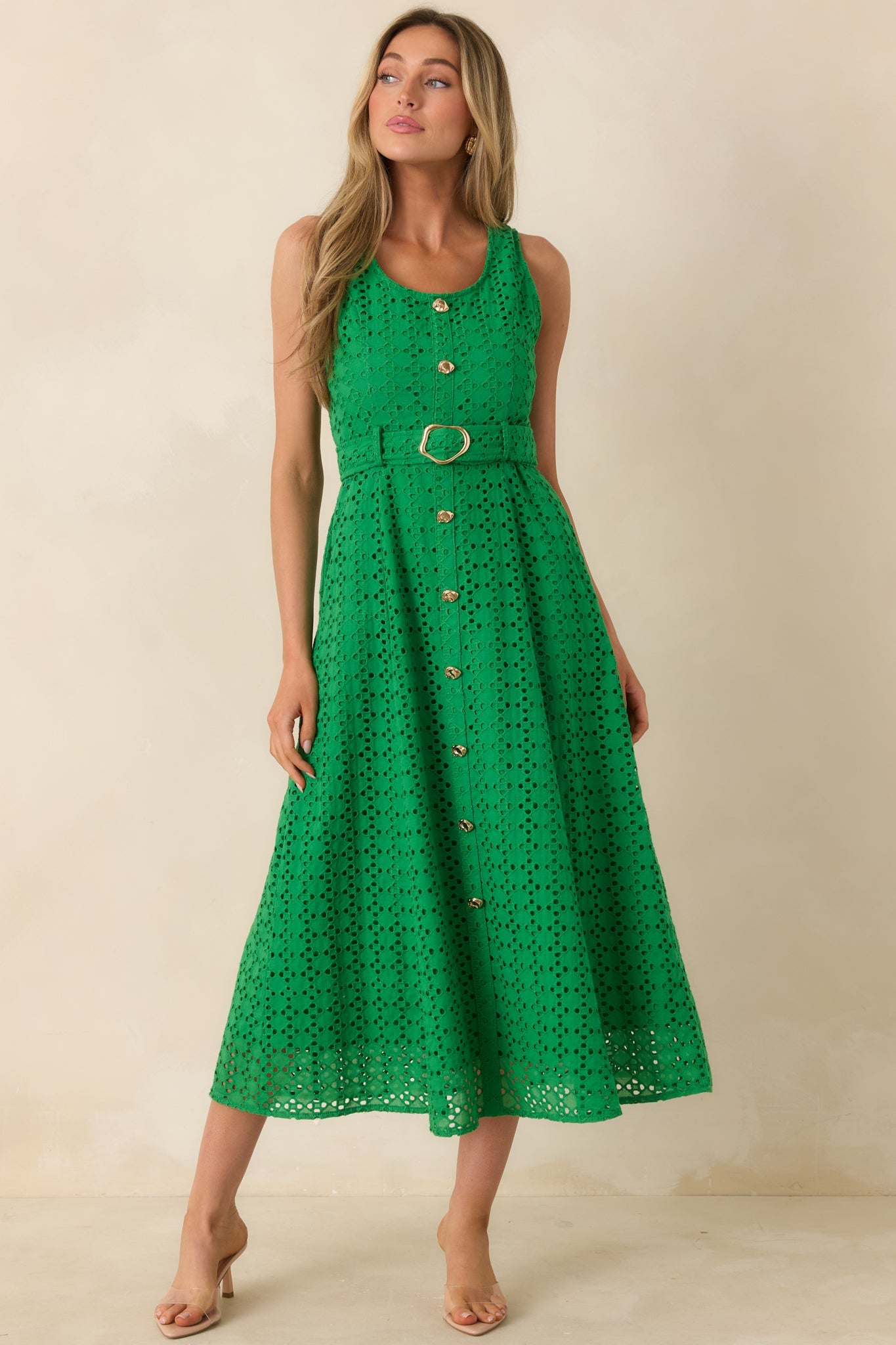 Garden Society Green Cotton Eyelet Sleeveless Midi Dress