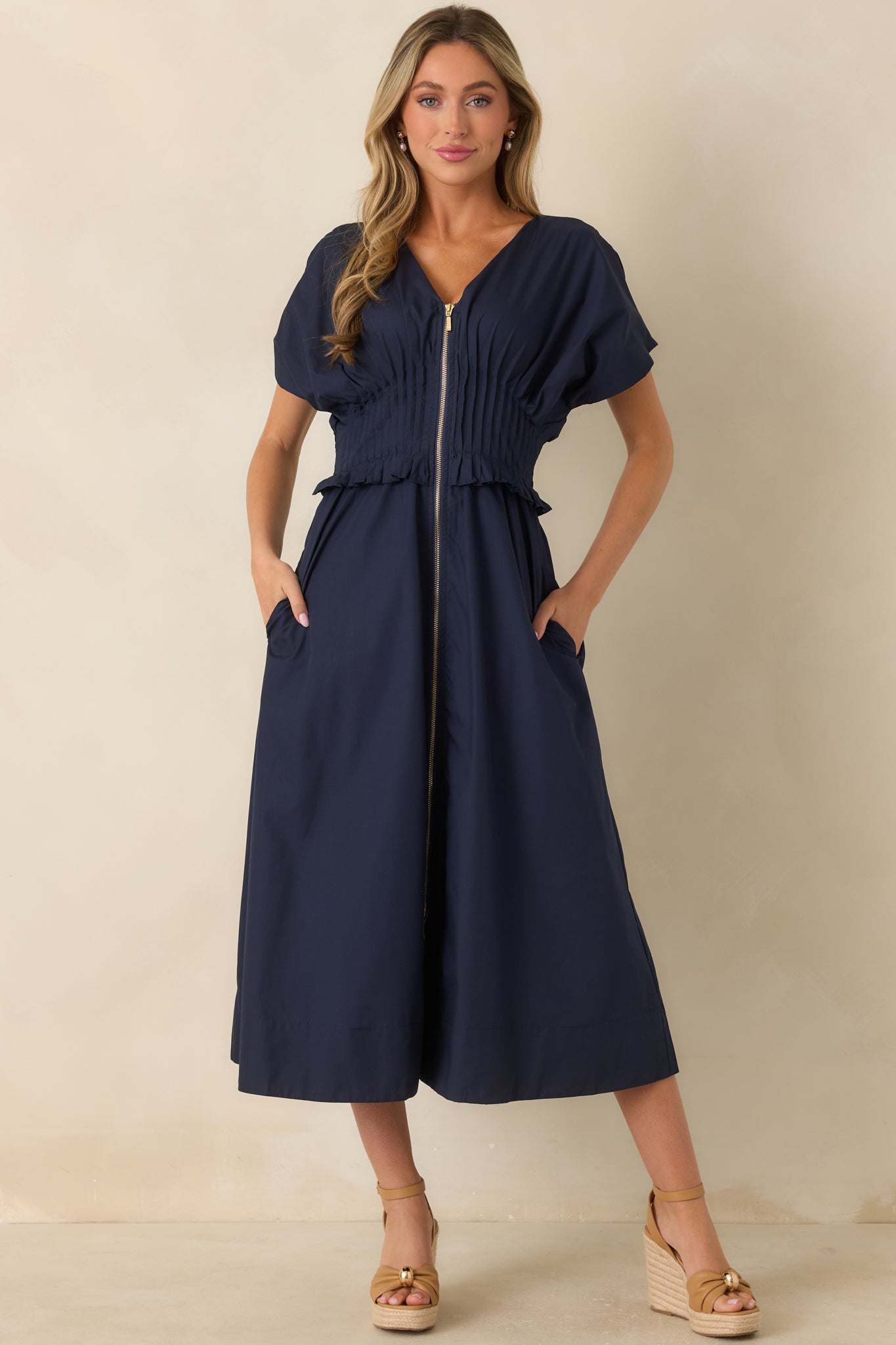 Let It Be Easy Navy Smocked Waist Zip Maxi Dress