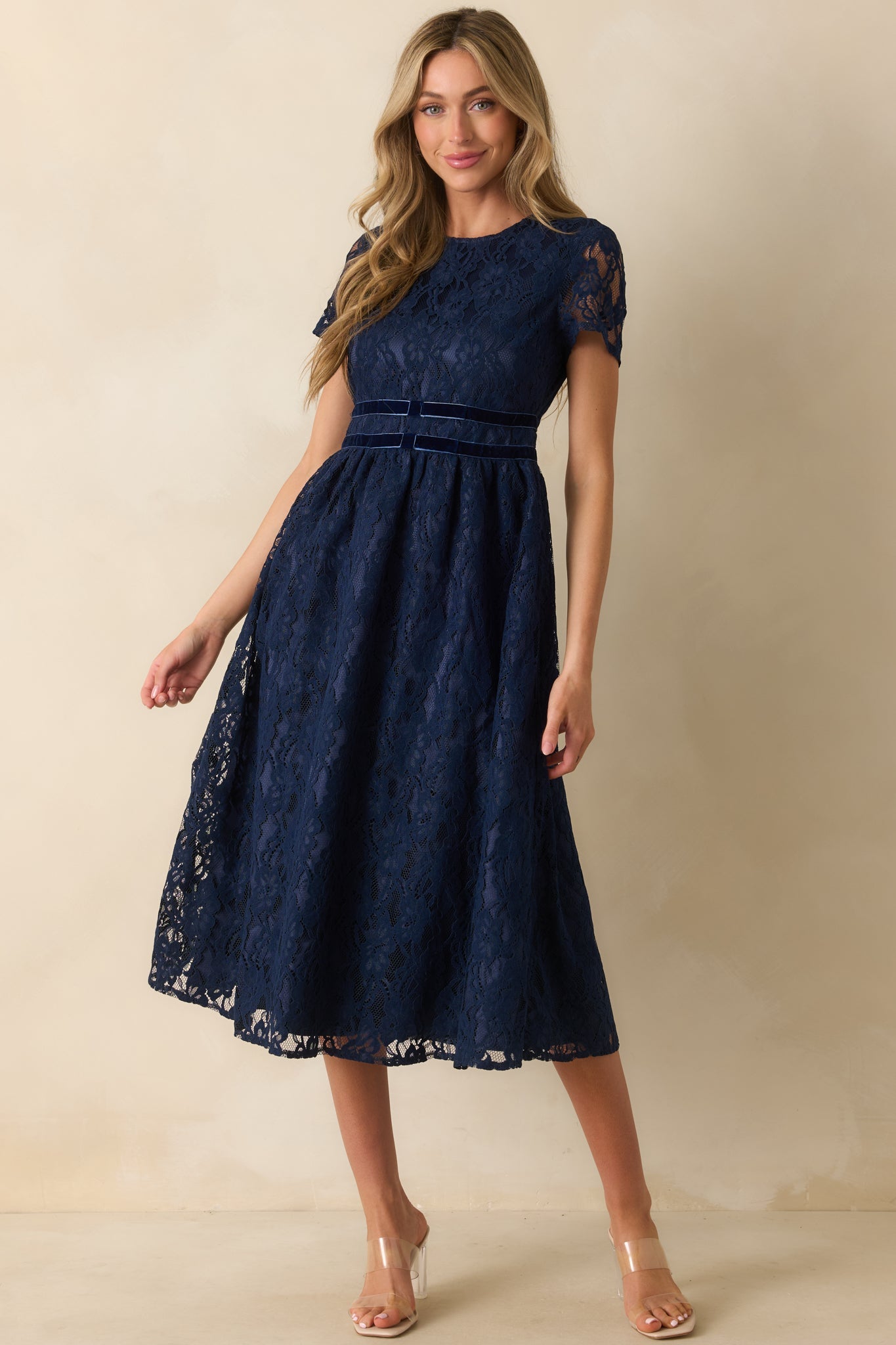 Never Look Back Navy Floral Lace Short Sleeve Velvet Trim Midi Dress