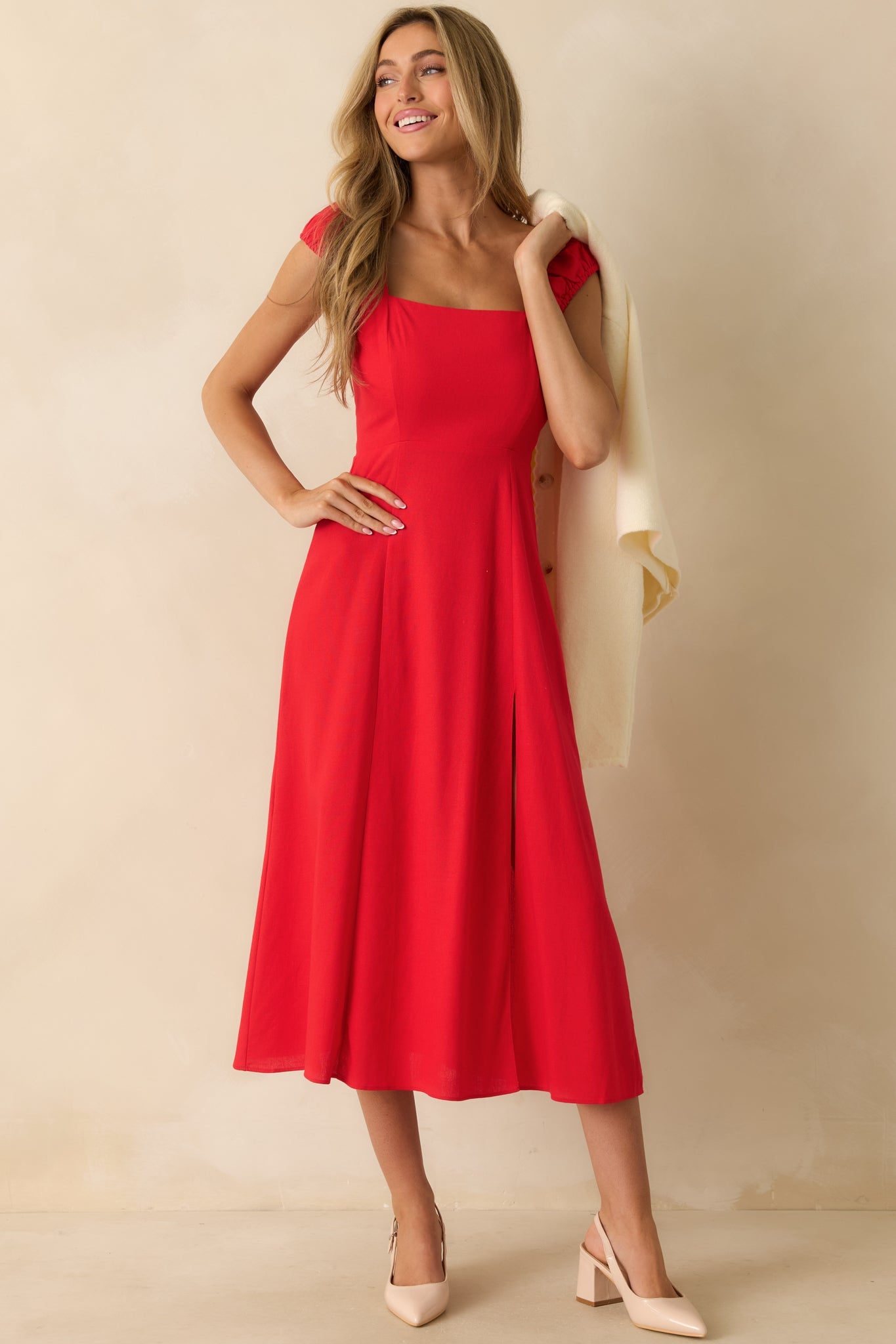 Radiant Reverie Red Linen Midi Dress