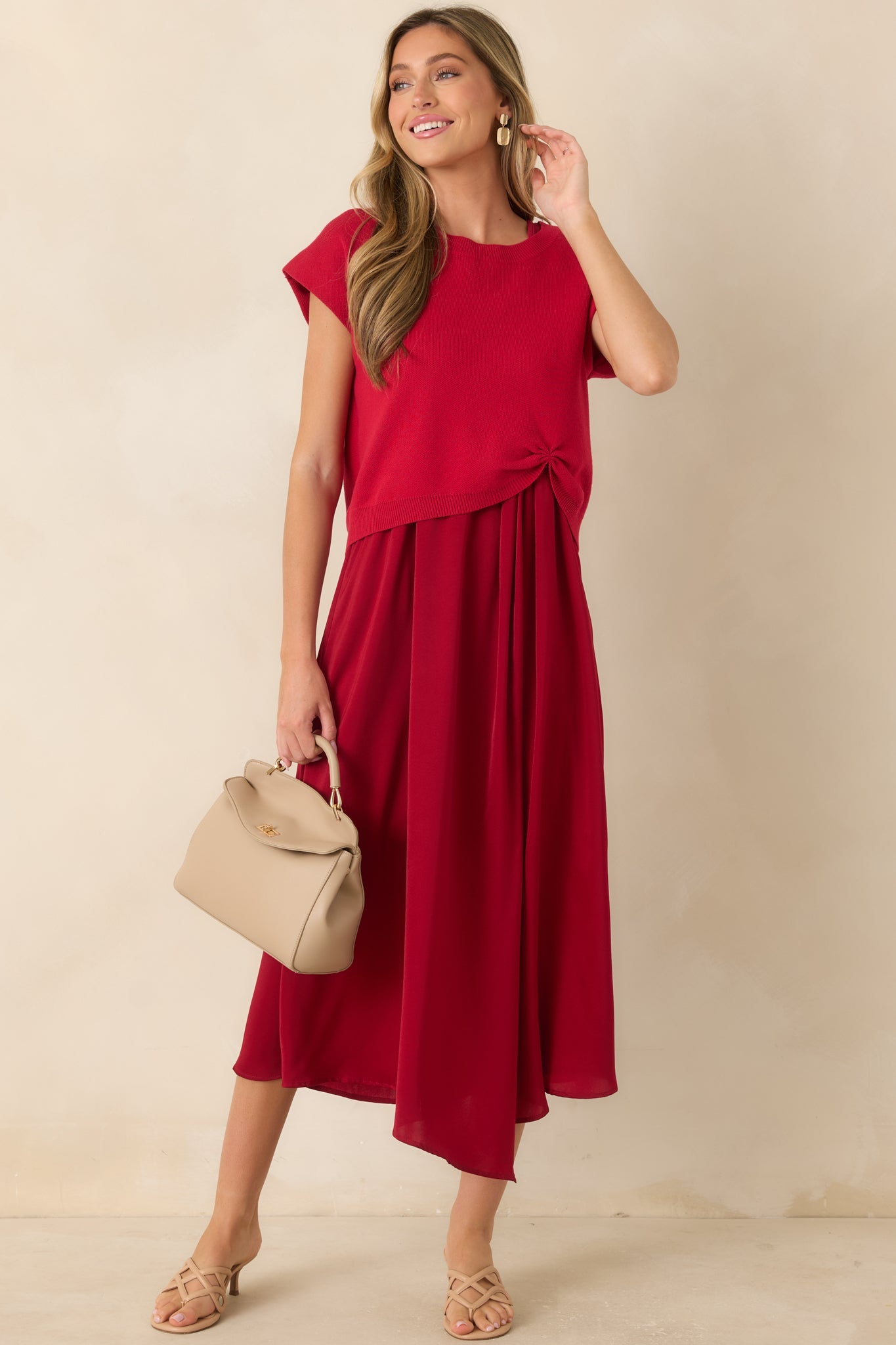 Easy Confidence Red Knit & Satin Sleeveless Midi Dress