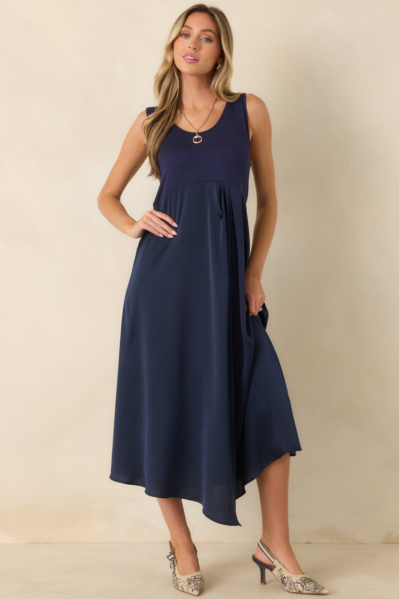 Easy Confidence Navy Knit & Satin Sleeveless Midi Dress
