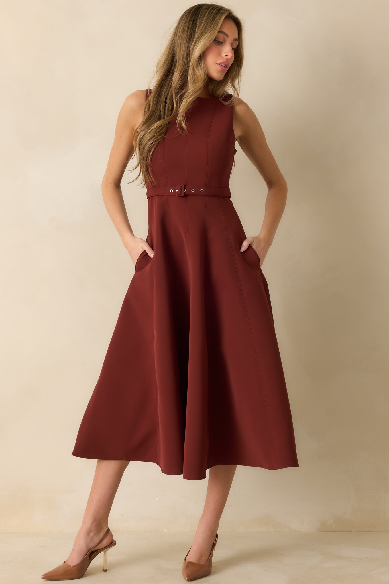 Timely Matter Dark Rust Red Belted Sleeveless Midi Dress