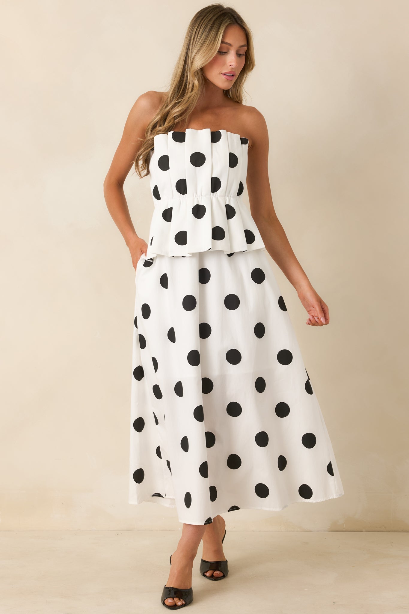 A Class of Her Own White & Black Polka Dot Strapless Midi Dress