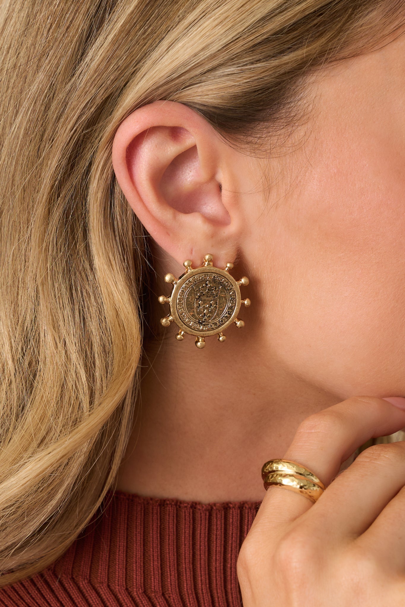 Step Aside Worn Gold Coin Embossed Medallion Earrings