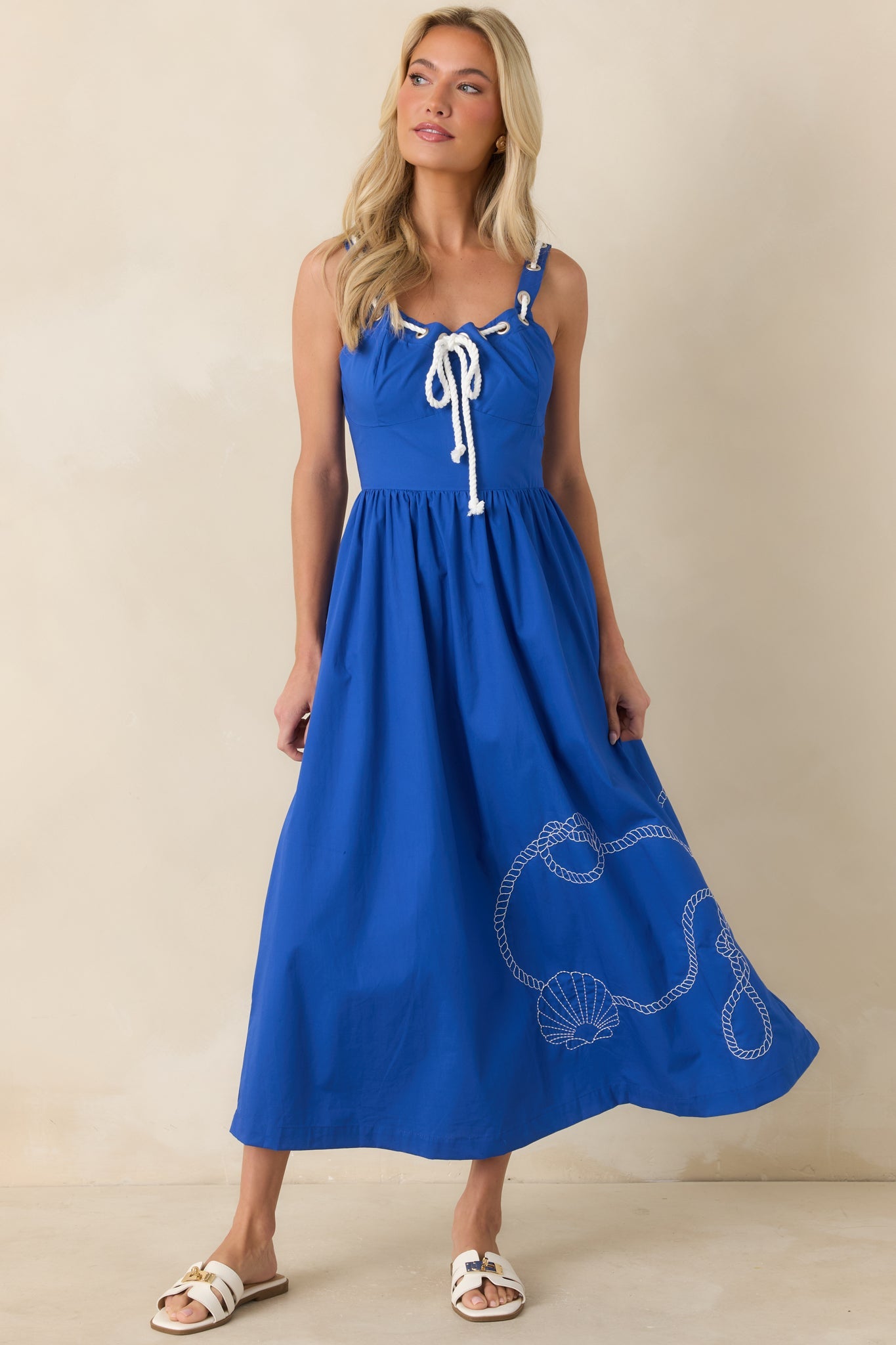 Knot Too Far Royal Blue Cotton Embroidered Midi Dress