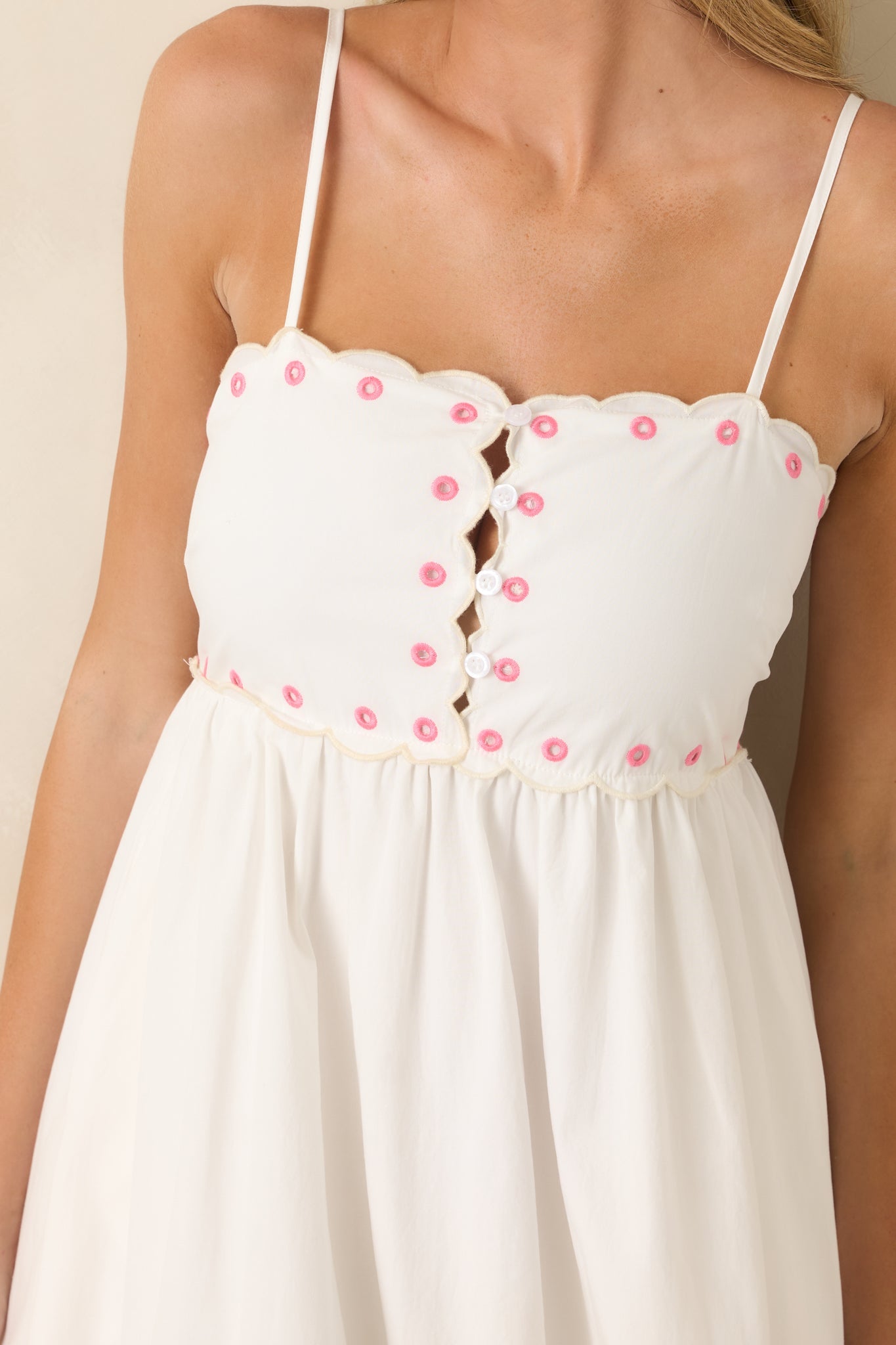 Pink Paradise White Multi Floral Embroidered Cotton Midi Dress