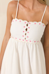 Pink Paradise White Multi Floral Embroidered Cotton Midi Dress