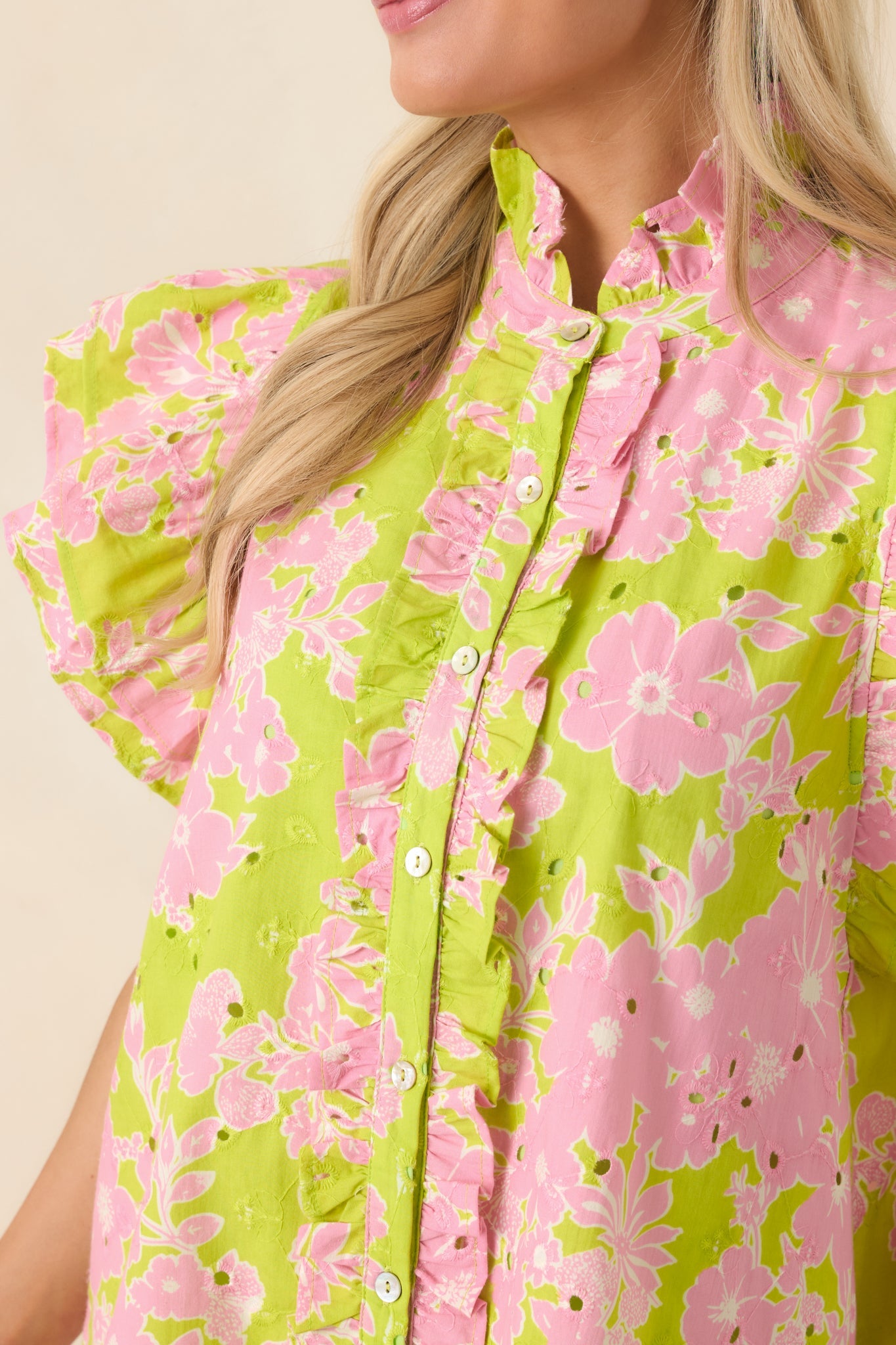 Make It Known Chartreuse & Pink Floral Cotton Eyelet Top