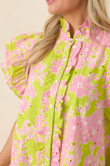 Make It Known Chartreuse & Pink Floral Cotton Eyelet Top