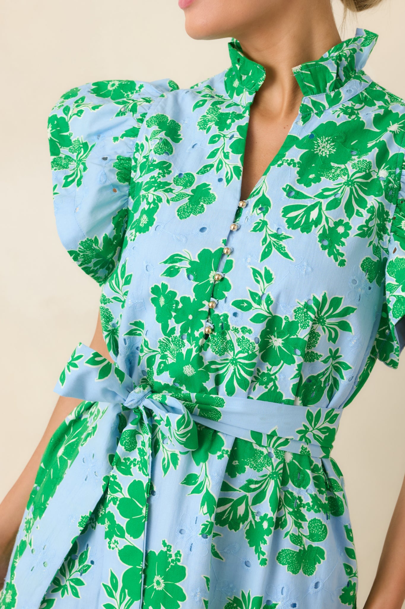 Fresh Air Floral Blue & Green Cotton Floral Eyelet Midi Dress