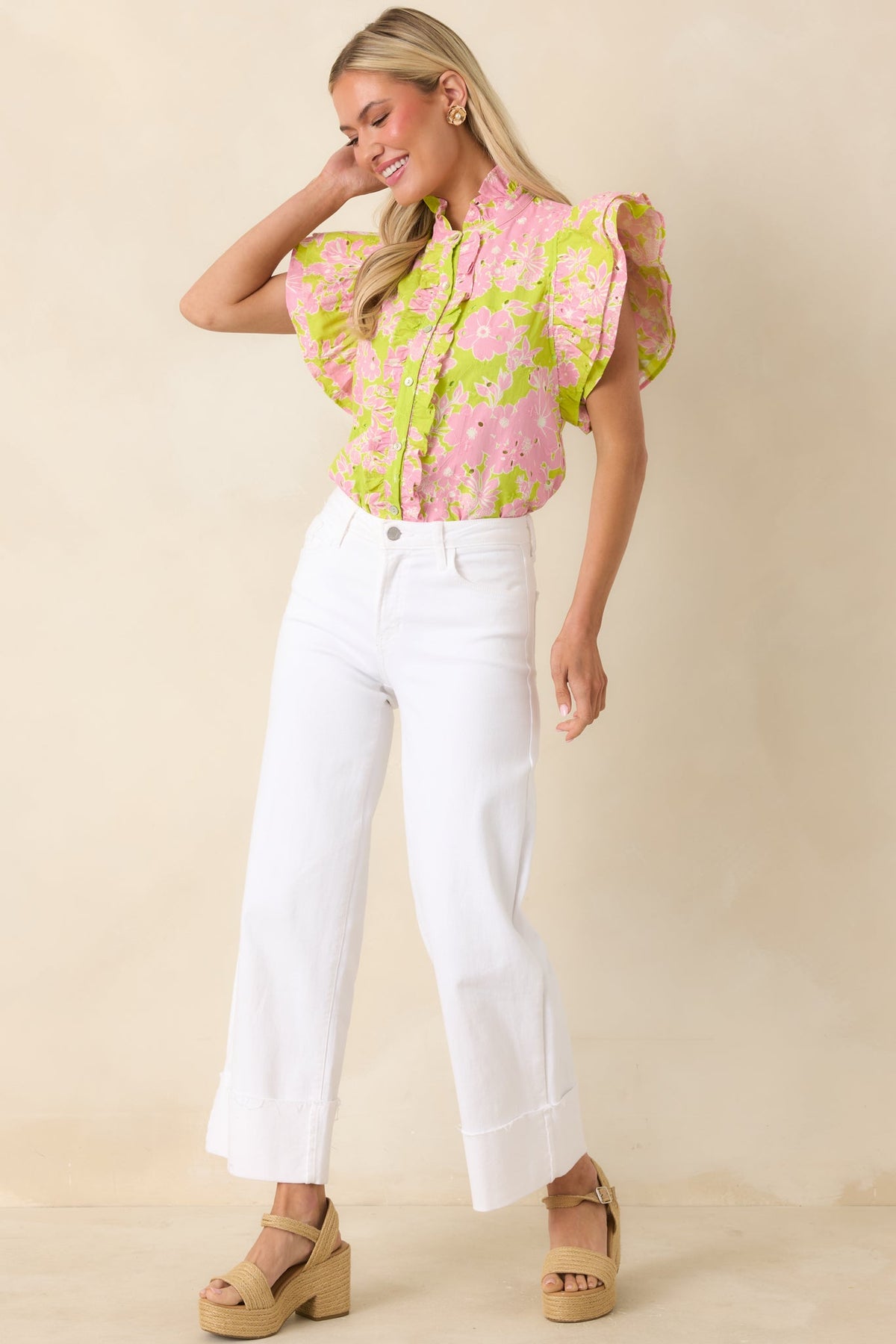 Make It Known Chartreuse & Pink Floral Cotton Eyelet Top