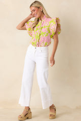 Make It Known Chartreuse & Pink Floral Cotton Eyelet Top