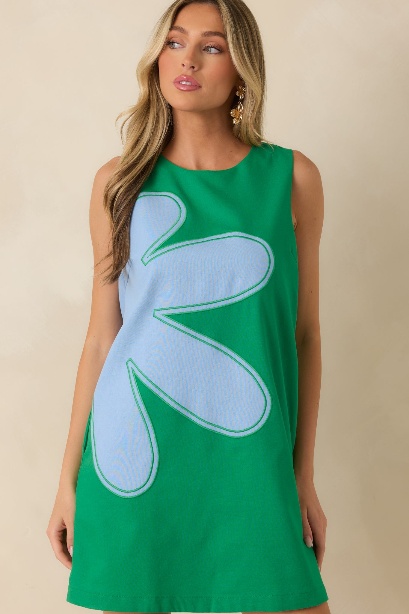 Mood Booster Green & Blue Appliqué Mini Shift Dress