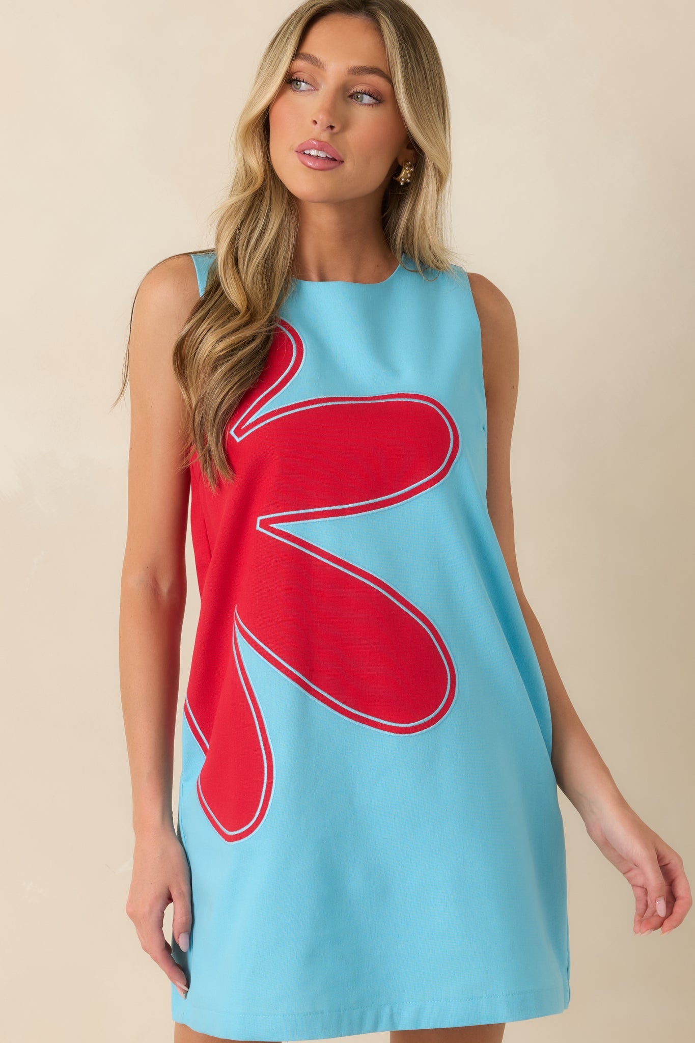 Mood Booster Light Blue & Red Appliqué Mini Shift Dress