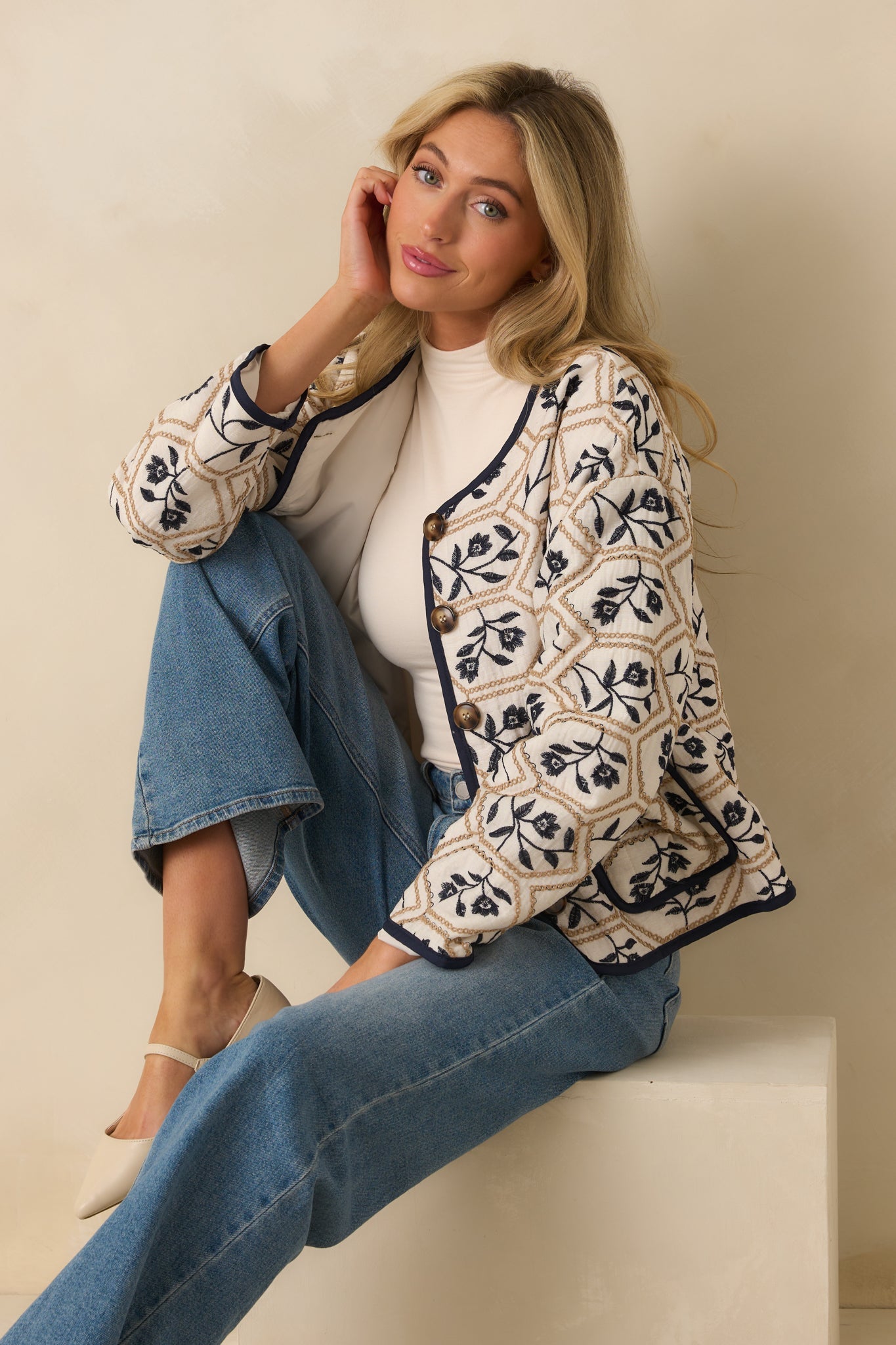 All The Right Ways Ivory Floral Embroidered Quilted Jacket