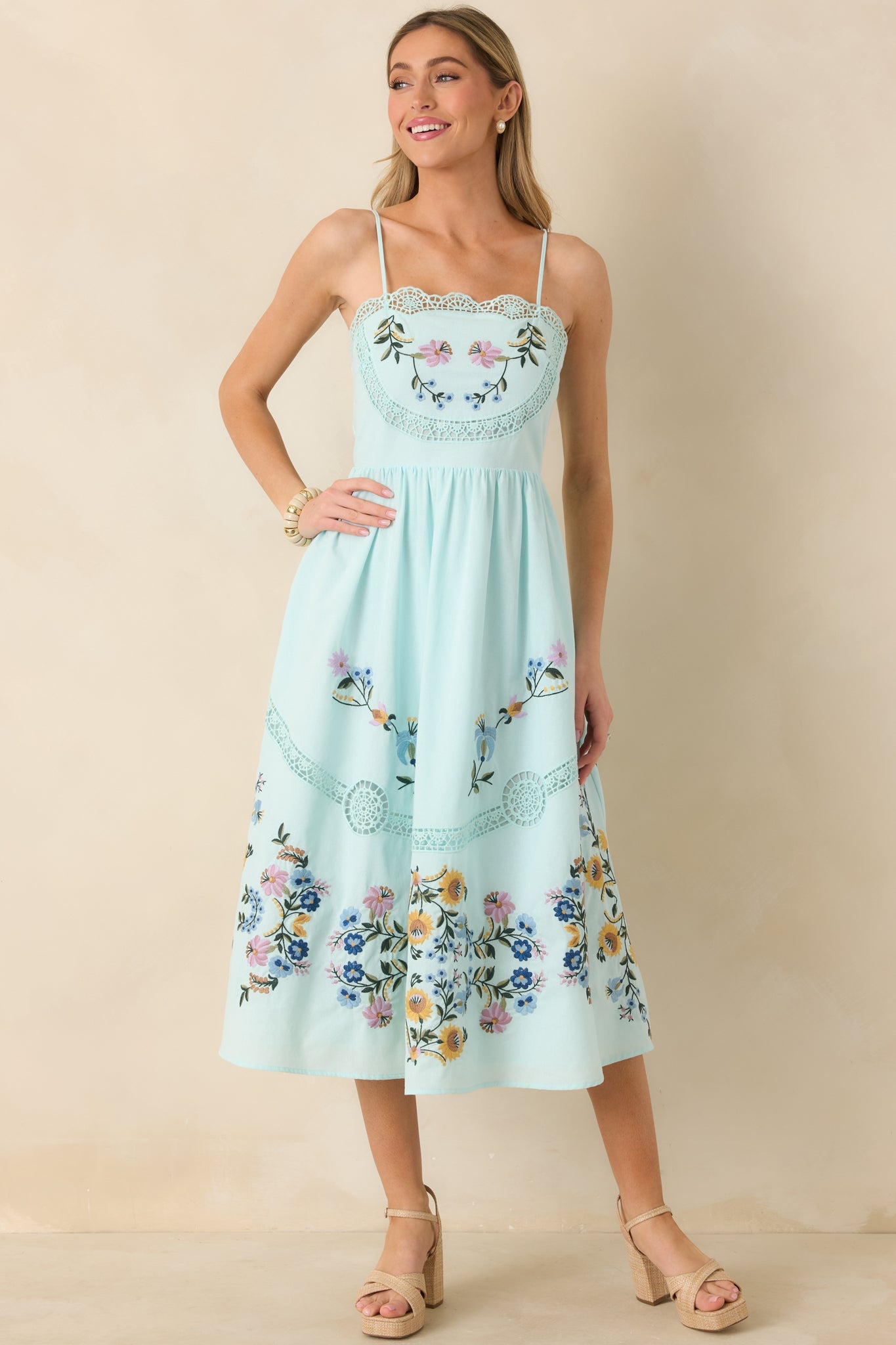 Dancing In The Garden Light Blue Floral Cotton Midi Dress