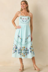 Dancing In The Garden Light Blue Floral Cotton Midi Dress