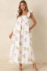 Sweet Briar Blossom White Multi Floral Embroidered Maxi Dress