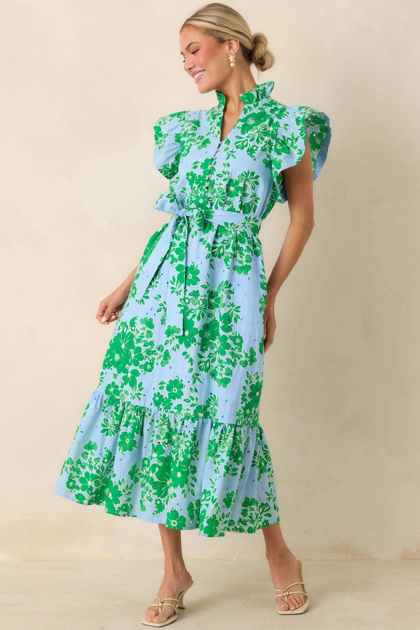 Fresh Air Floral Blue & Green Cotton Floral Eyelet Midi Dress
