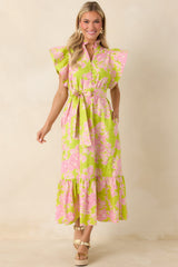 Fresh Air Floral Chartreuse & Pink Floral Cotton Eyelet Midi Dress