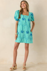 Coastal Rhythm Teal Palm Embroidered Cotton Puff Sleeve Mini Dress