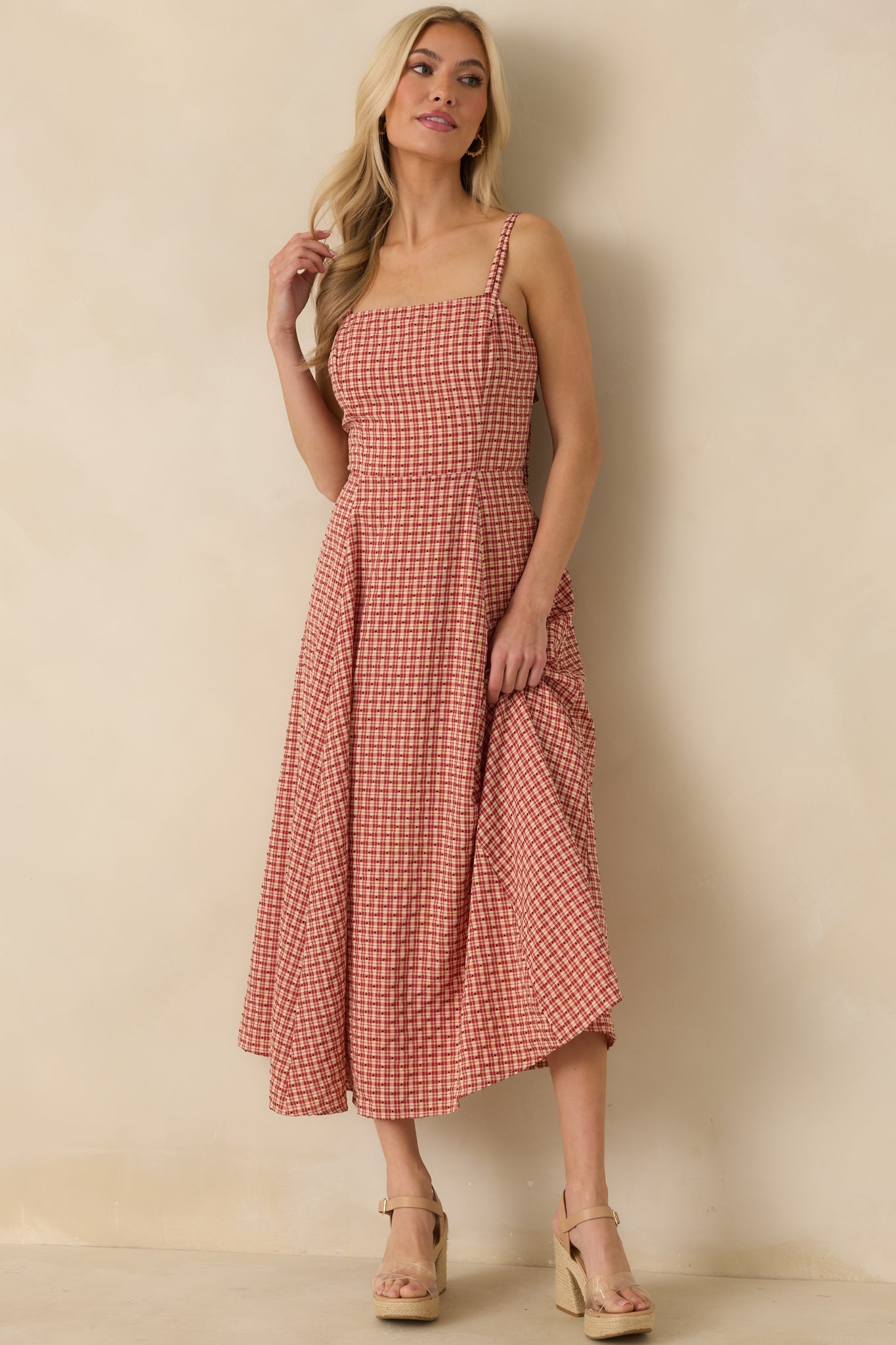 So Much To Say Red Gingham Polka Dot Sleeveless Maxi Dress