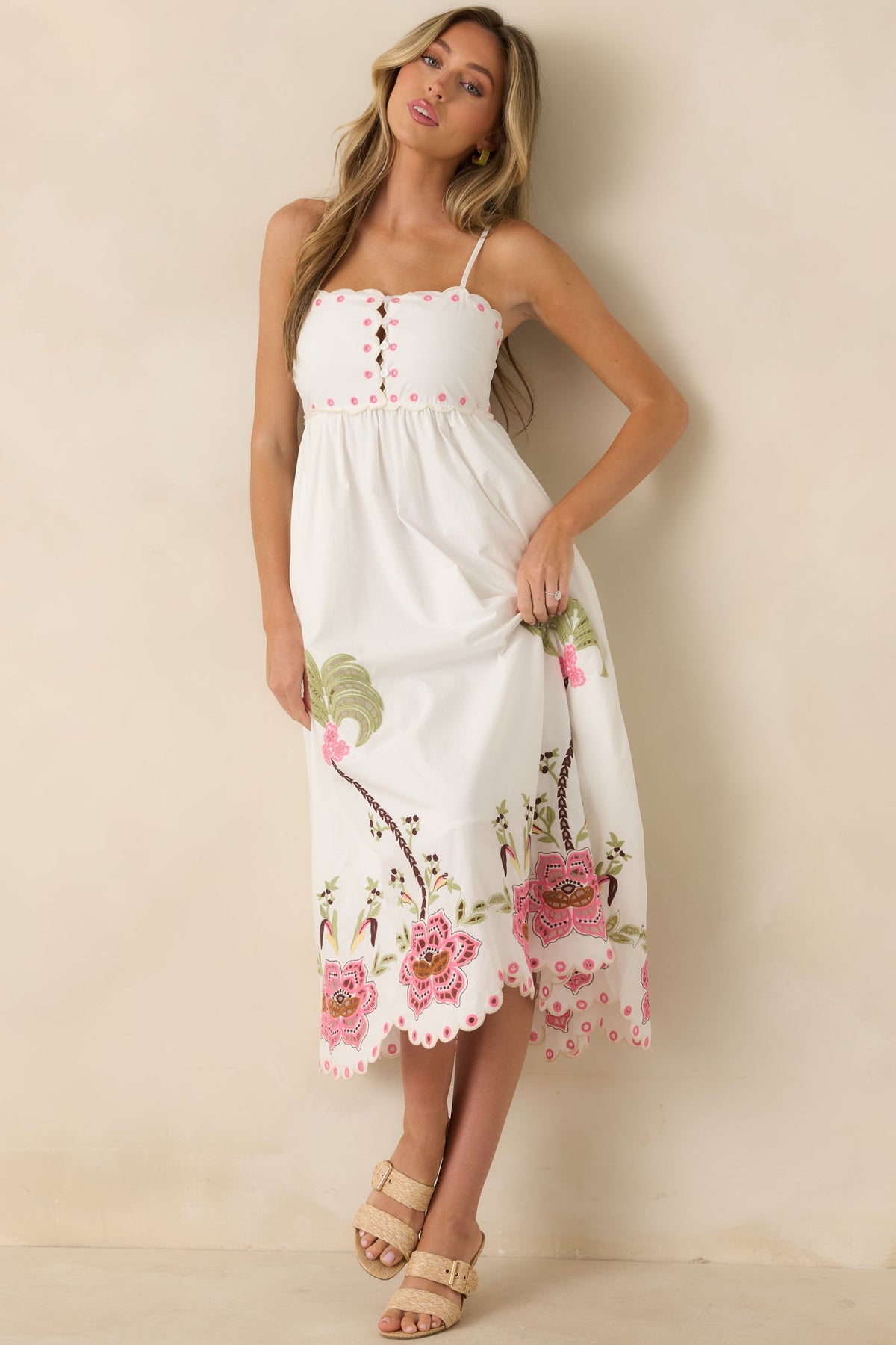 Pink Paradise White Multi Floral Embroidered Cotton Midi Dress