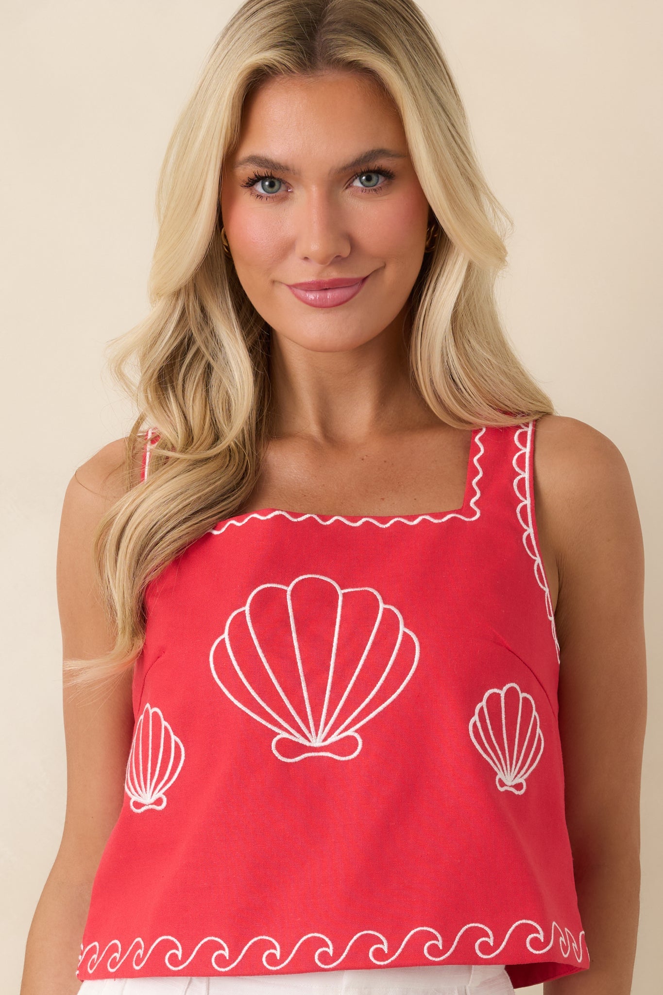 Sea You Soon Red Cotton Blend Shell Embroidered Tank Top