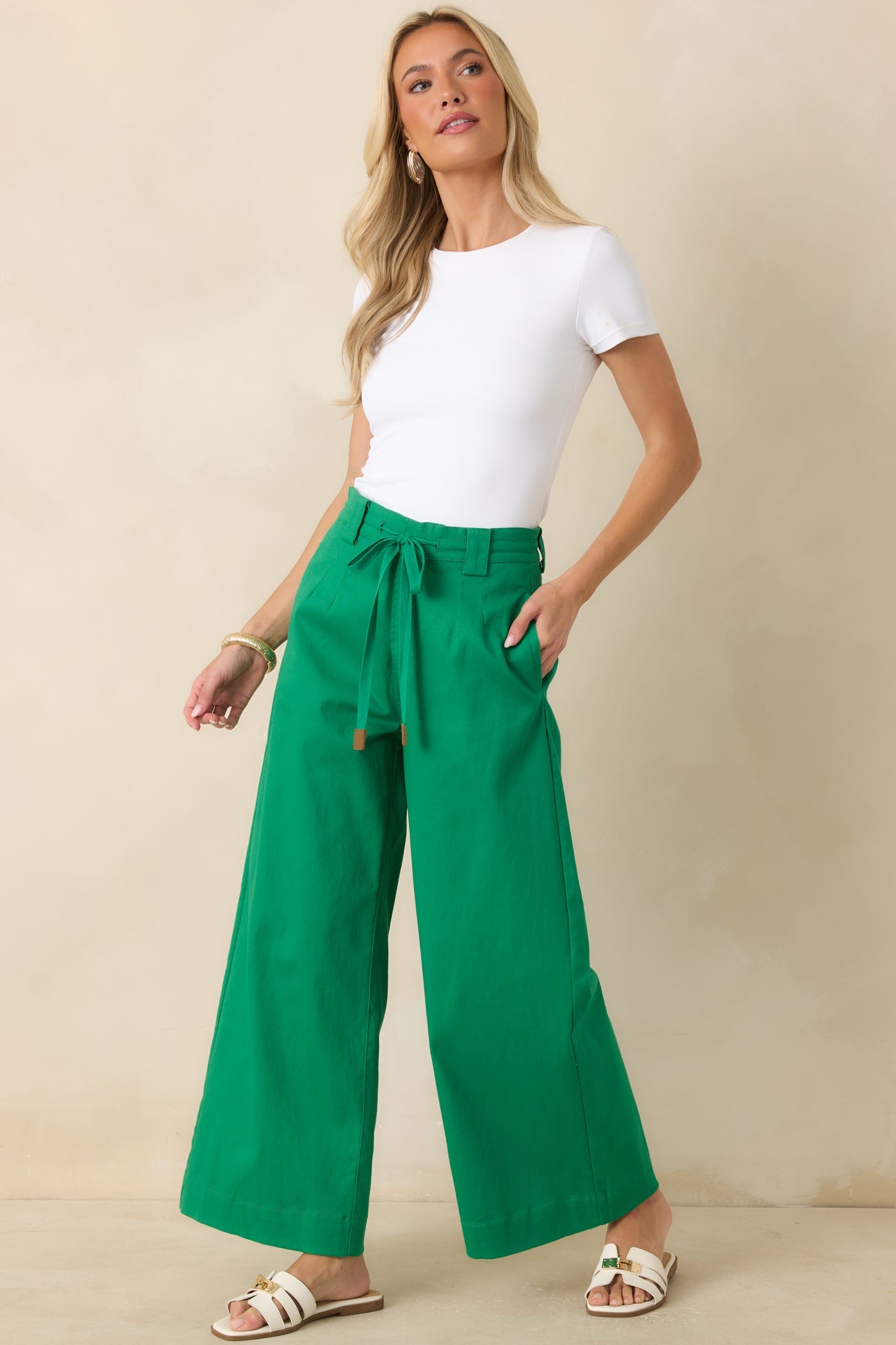 Refined Rhythm Emerald Green Cotton Tie-Belt Wide Leg Pants