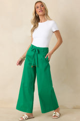 Refined Rhythm Emerald Green Cotton Tie-Belt Wide Leg Pants